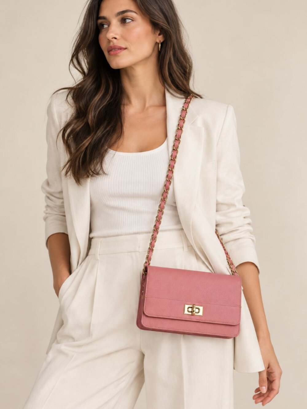 Victorio & Lucchino V&L Pink Pebbled Leather Chain Crossbody Bag
